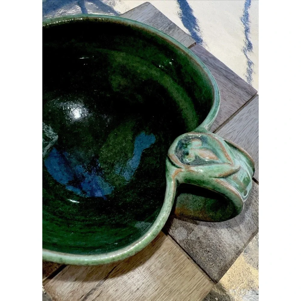 Marked Pottery Dish Bowl Mid-Century Terra Rose Heart Shape Green Creamer/bowl
